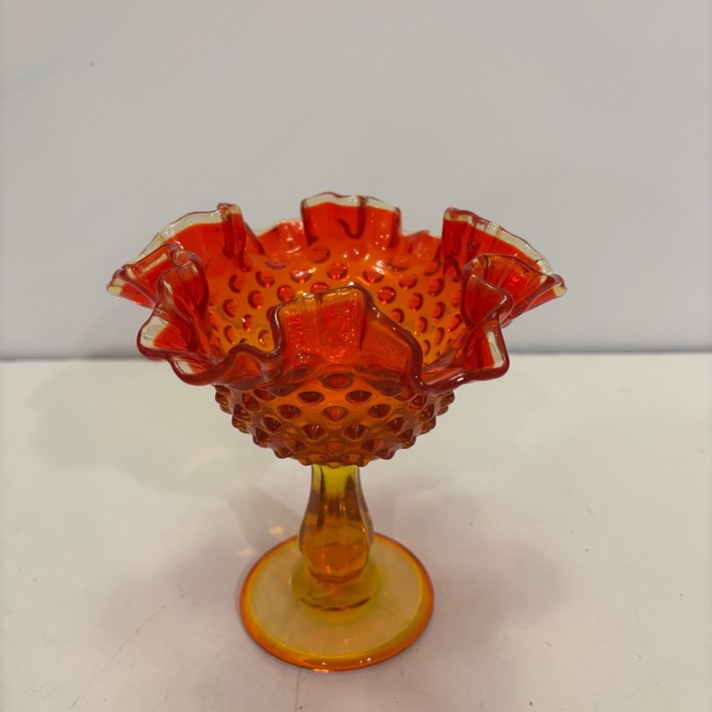 Vintage Fenton Amberina Hobnail Glass Compote Candy Dish Ruffled Pedestal Bowl